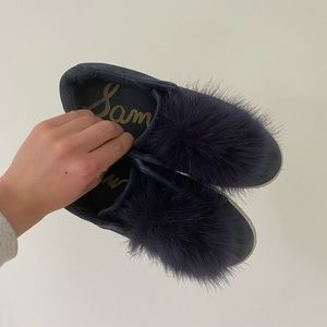 sam edelman blue suede leather leya slip on pom pom sneakers, size 7